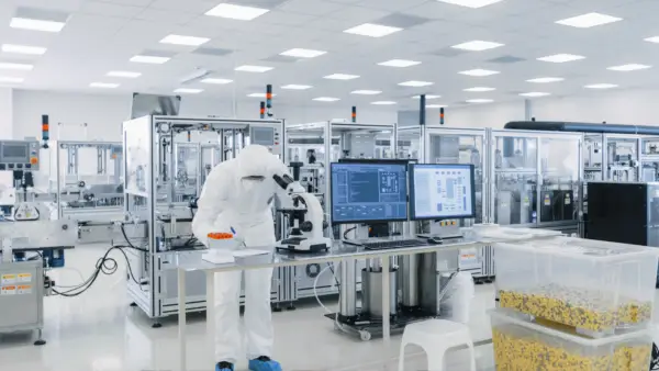 Worker in bunny suit looking into microscope.