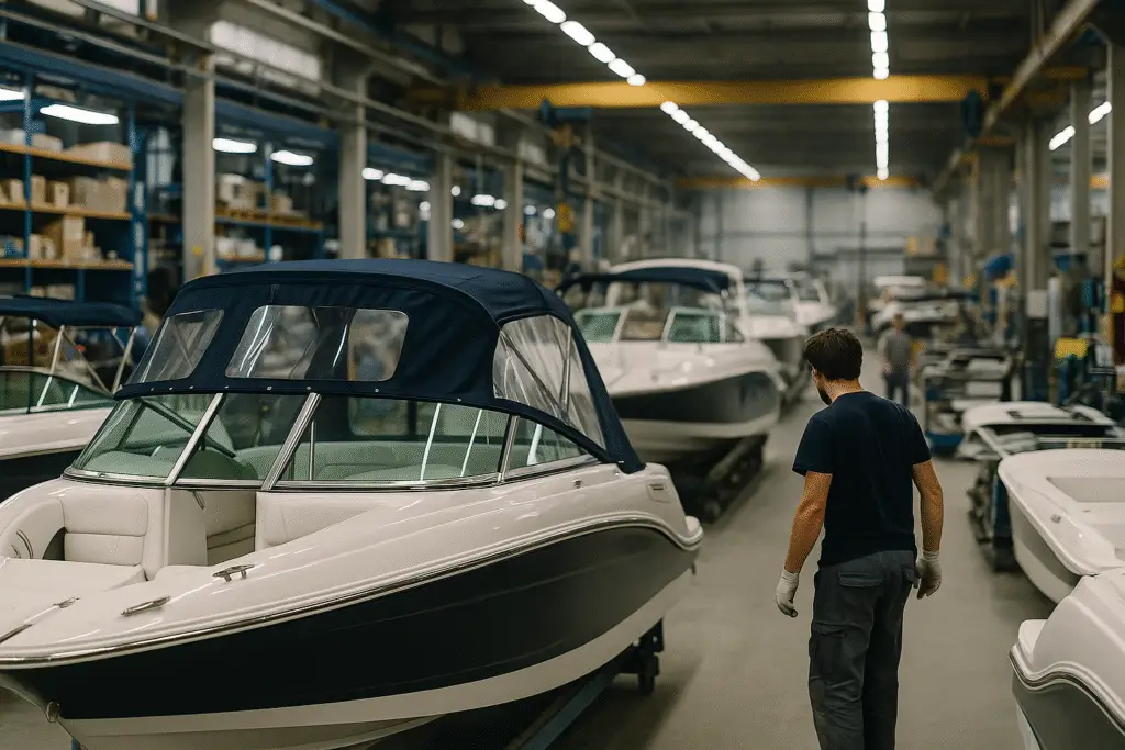 Technician walking through a boat manufacturing facility with boats in production and inventory racks in the background.