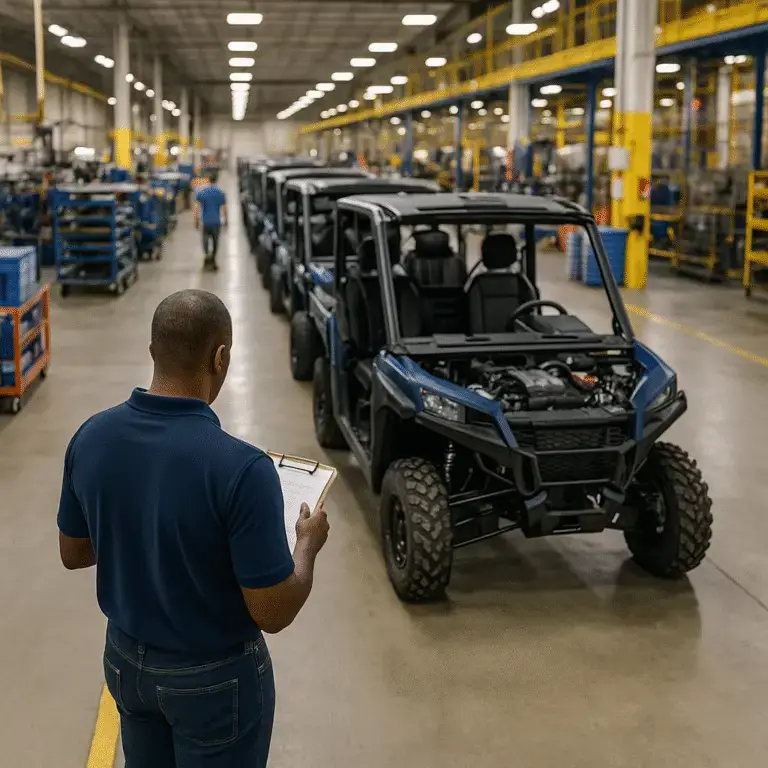 SBS engineer walking an assembly line with clipboard, reviewing recreational vehicle production.