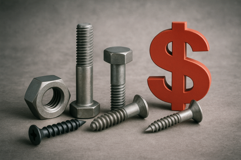 Fasteners with red dollar sign symbolizing cost per part considerations.