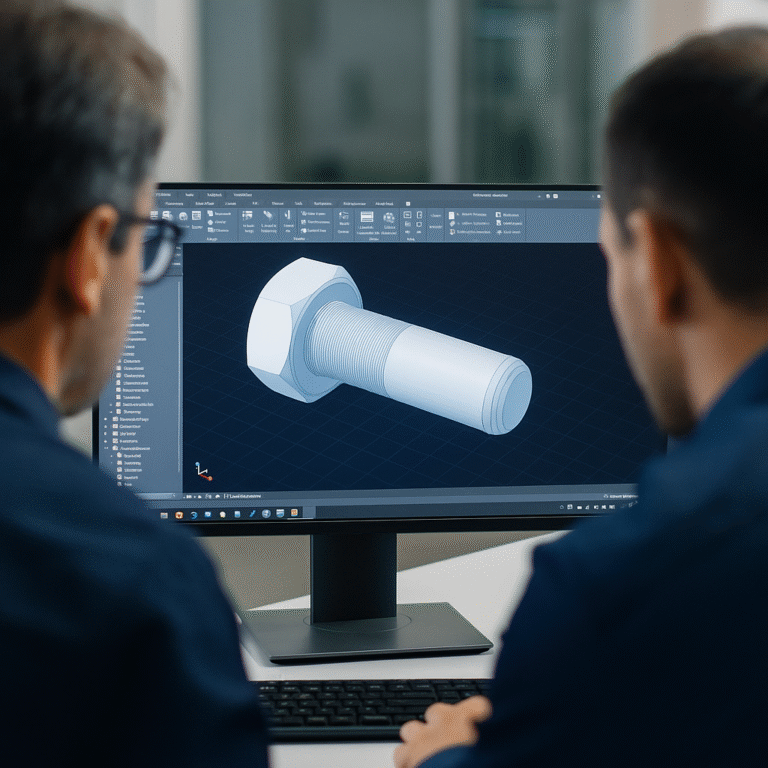 Engineers reviewing a 3D CAD model of a bolt during a print and DFM review.