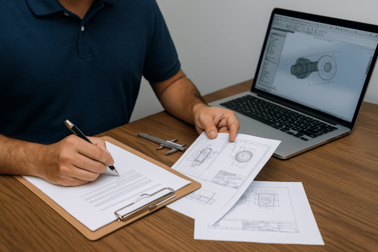 Engineer reviewing teardown documentation and analyzing fastener data on a laptop.
