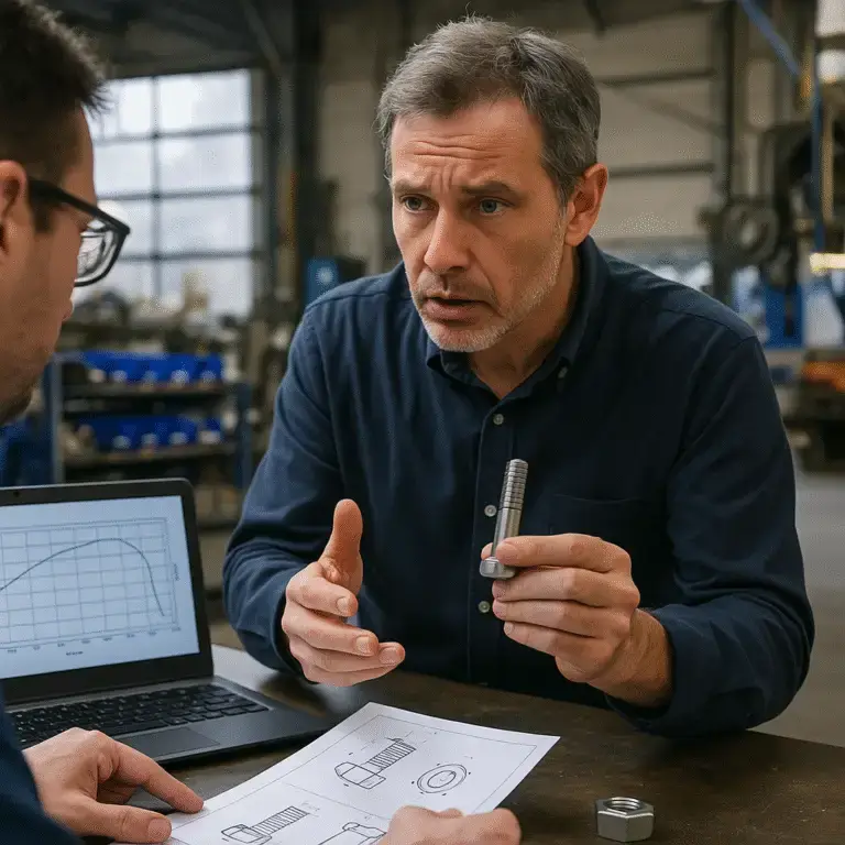 Engineer providing technical support and reviewing fastener solutions with a colleague.